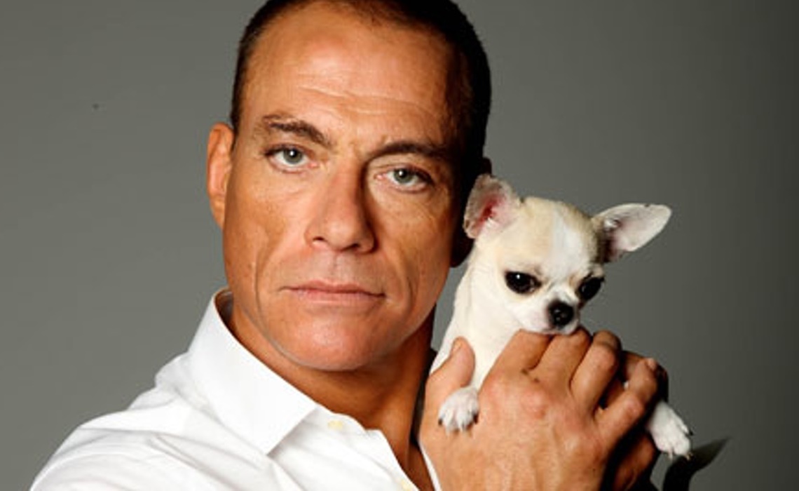 Photo de JeanClaude Vandamme avec un petit chien.